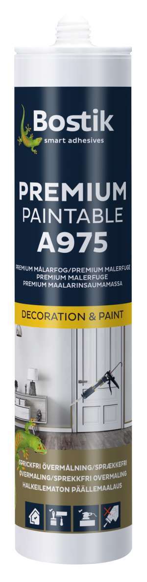A975 Premium Paintable (malbar akrylisk fugemasse som ikke sprekker).<br />Foto: Bostik