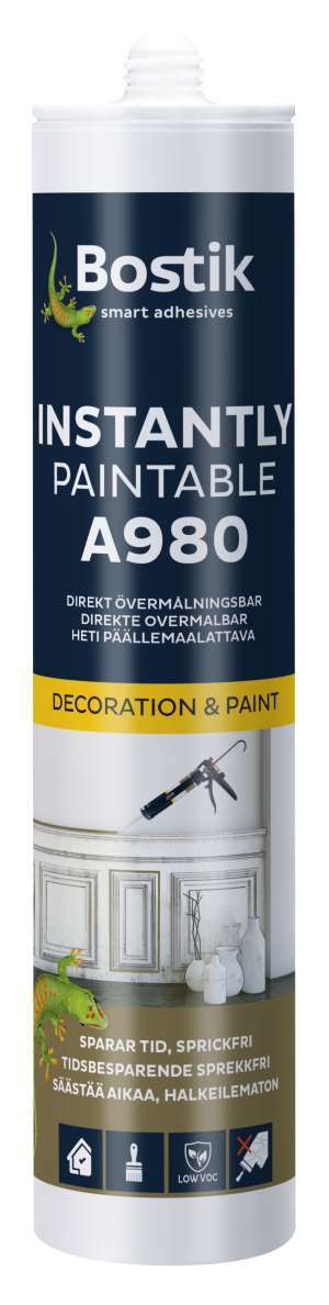 A980 Instantly Paintable (direkte overmalbar og sprekkfri akrylfugemasse.<br />Foto: Bostik