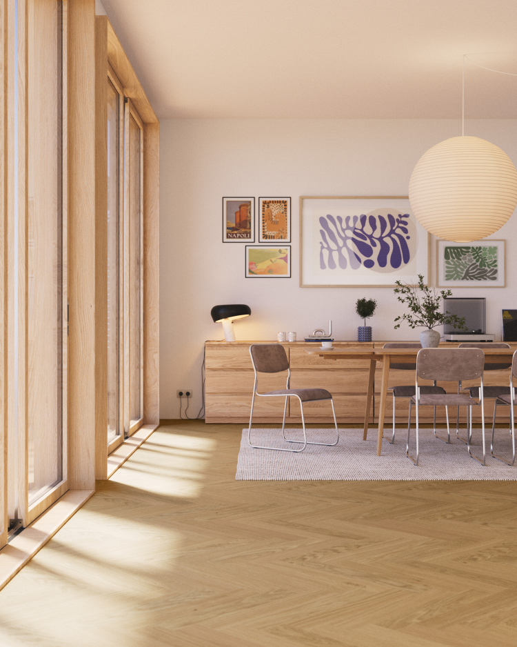 stue med vinder til venste, sofa og tregulv i fiskebensmønster