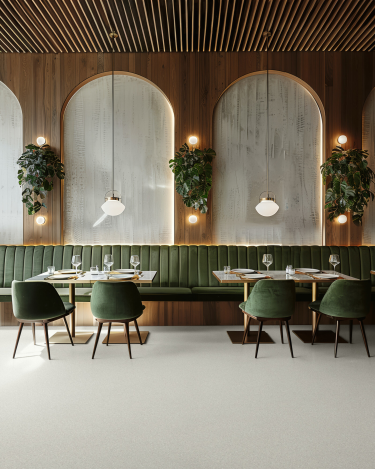 rom i Art Deco-stil med et lyst gulv og grønne møbler