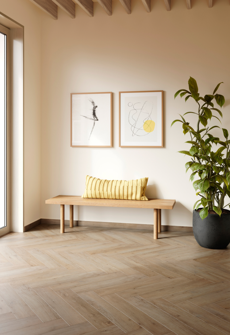 vinylgulv med tredesign i fiskebeinsmønster