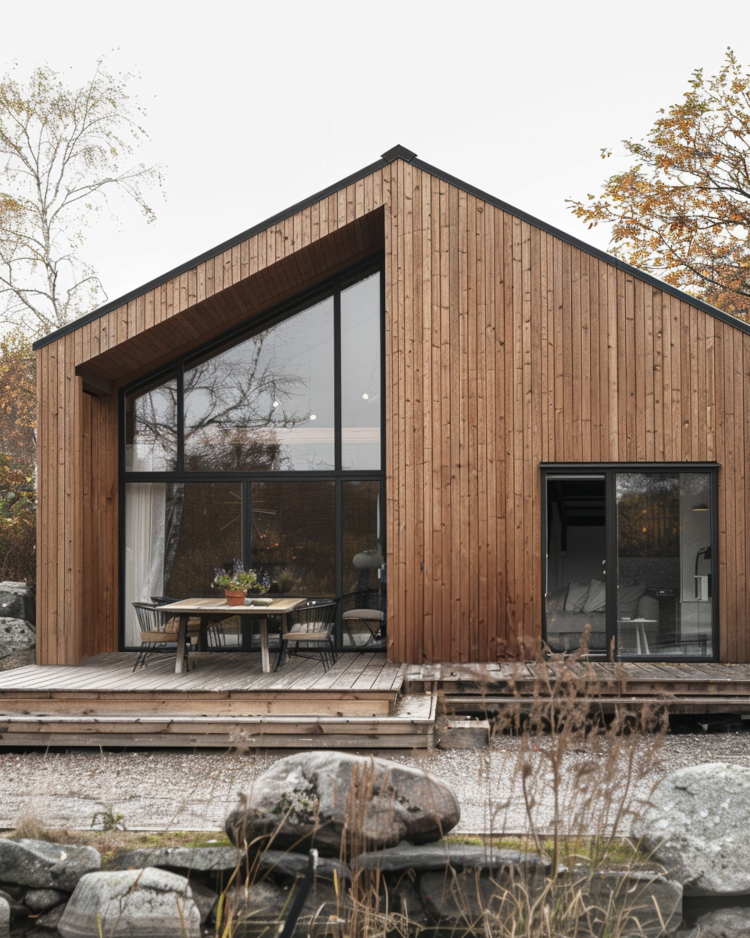 trehus moderne brunt stein