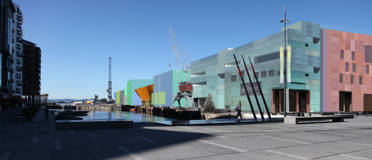 illustrasjon av bygg ved havnen