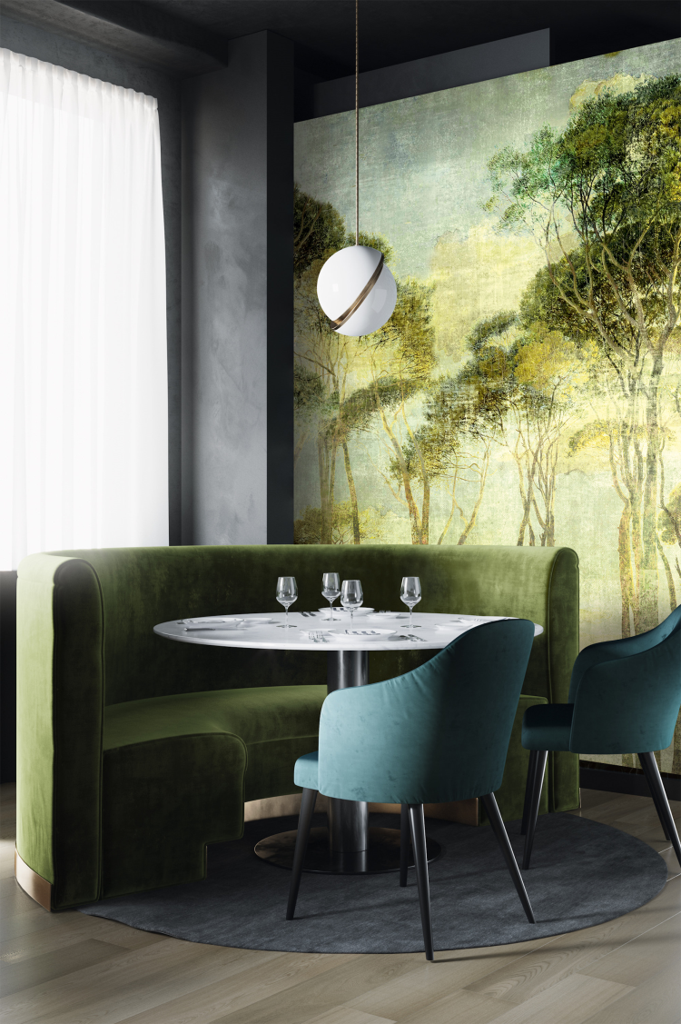 Tapet med stort motiv, grønne trær. Digitalt trykk. Khroma