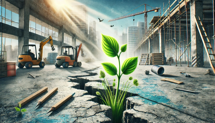 illustrasjon av en plante gjennom betongen på en byggeplass
