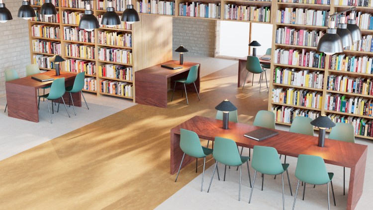 bibliotek med to ulike gulv