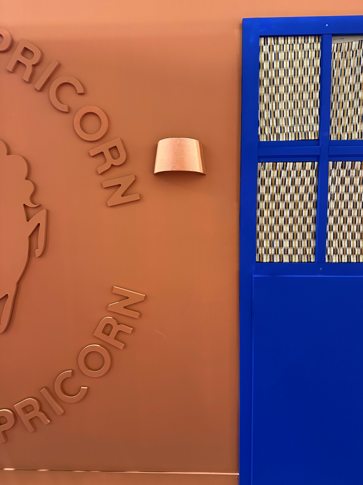 blå dør oransje vegg