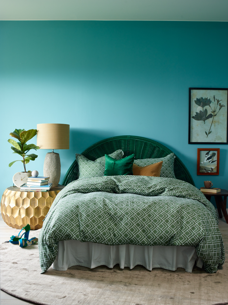 blågrønn, soverom, seng 