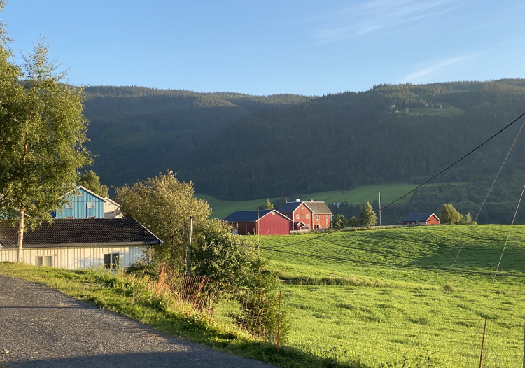 Utsikt fra Valdres med blåmalt hus blant røde bygdetun