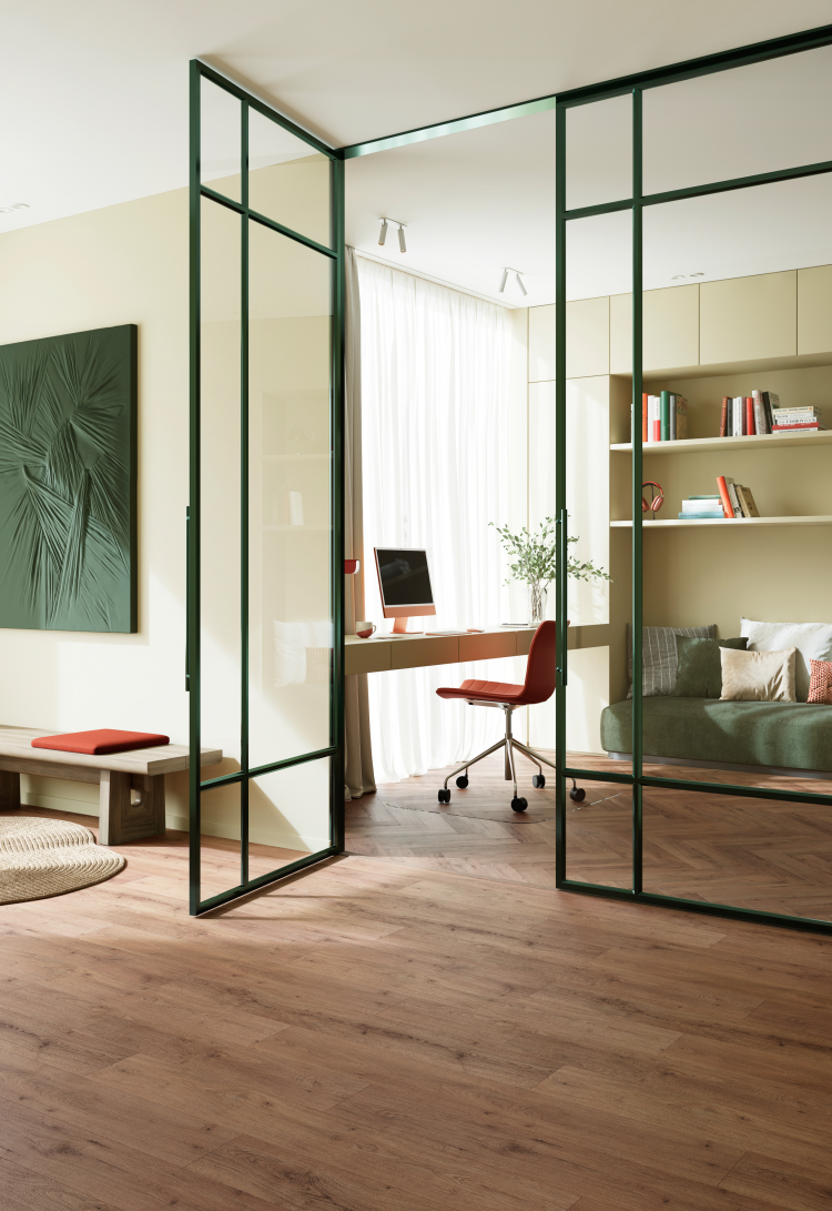 vinylgulv med tremønster, glassparti industriell look