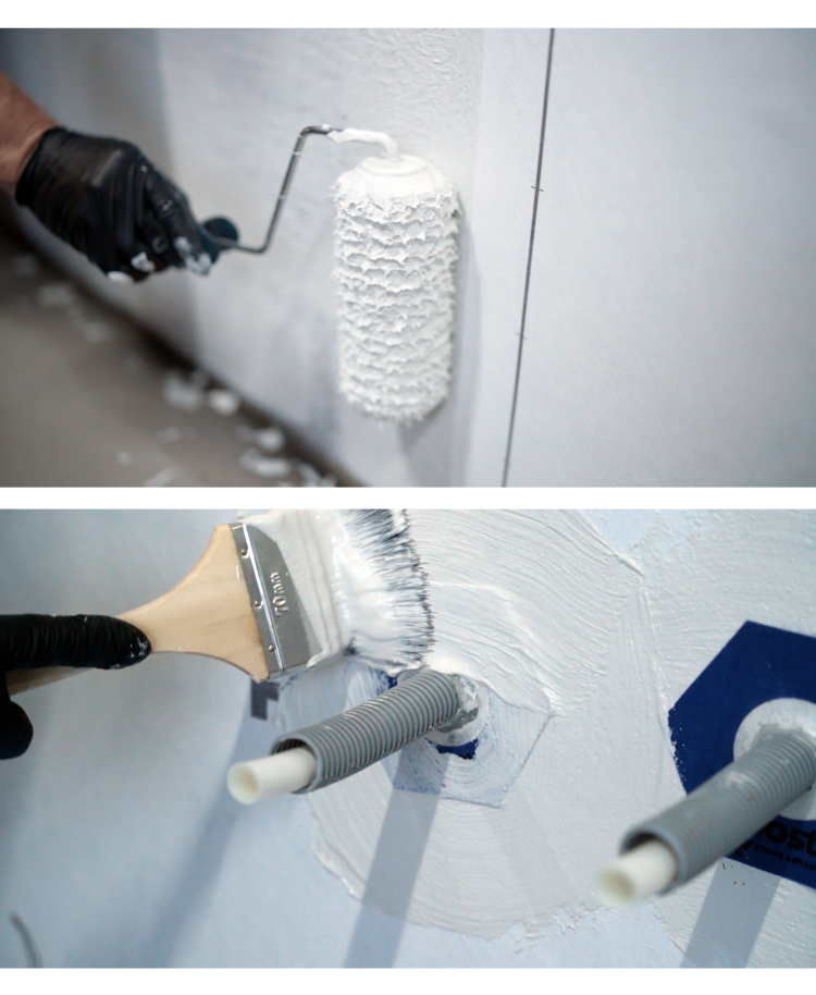 tettelim påføres med rull og med pensel