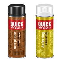 Foto: Quick Bengalack<br/>De populære malingene som kan påføres direkte på metall, kommer nå også på sprayboks med samme kvalitet som penselmalingene. En annen nyhet er en rensespray som sikrer rent underlag for videre behandling. 