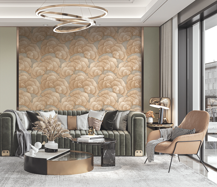 rom med mønstret tapet i beige/brune farger