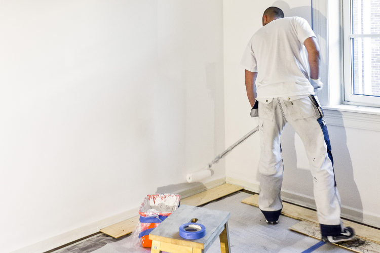 person maler en hvis vegg med rull.