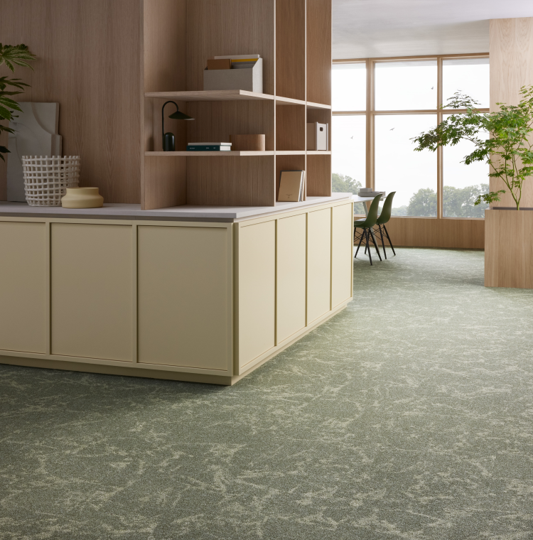 lys reol over ytterhjørne. grønne teppefliser på gulvet i et kontormiljø