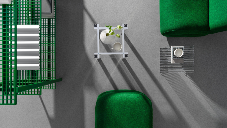 grått gulv med grønne møbler