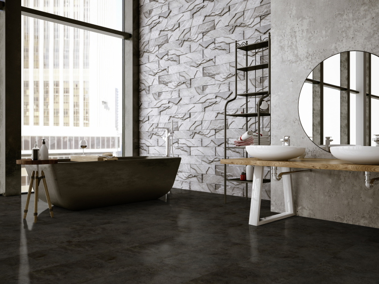 Bad med vinylgulv, stort flisemønster