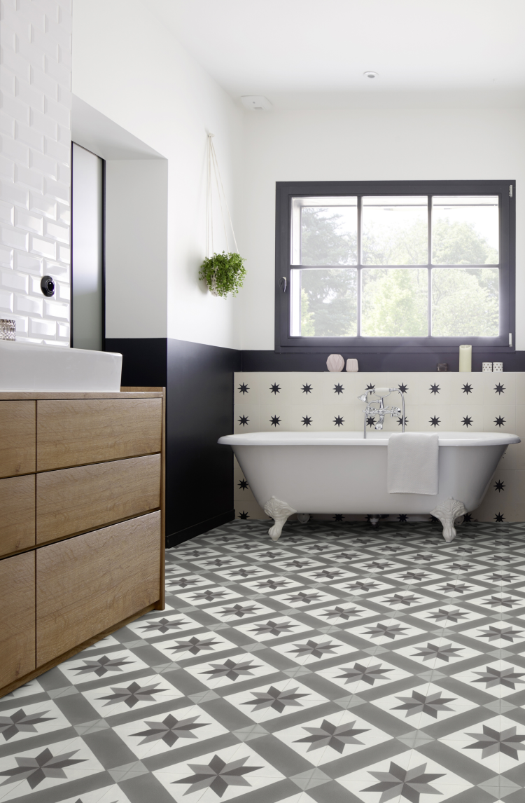 Vinylgulv på badet, design historiske fliser